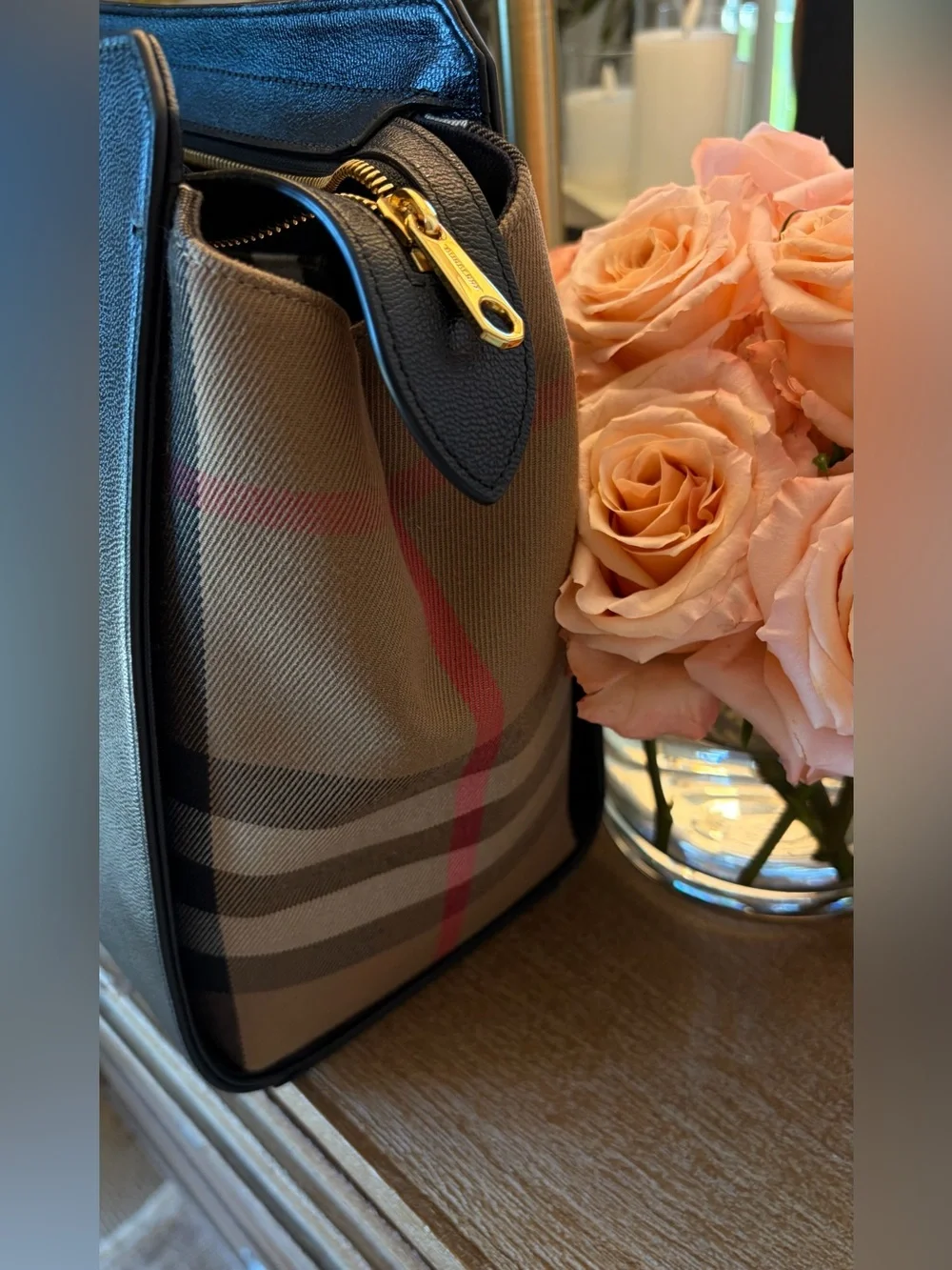 BURBERRY Calfskin Mega Check Medium Banwell Tote Black